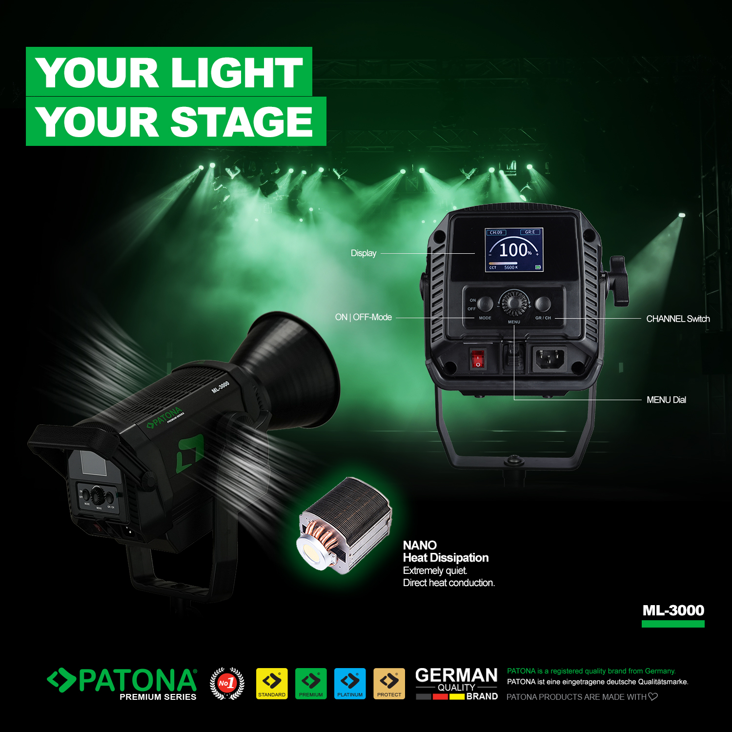 Faretto LED PATONA ML-3000 con display, comandi e dissipatore di calore su sfondo verde.