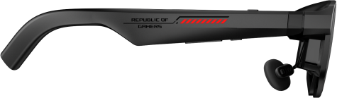 Egy fekete Republic of Gamers okosszemüveg szár piros részletekkel, fekete háttér előtt.