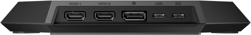 Fekete eszköz hátlapja HDMI, DisplayPort és USB csatlakozókkal.