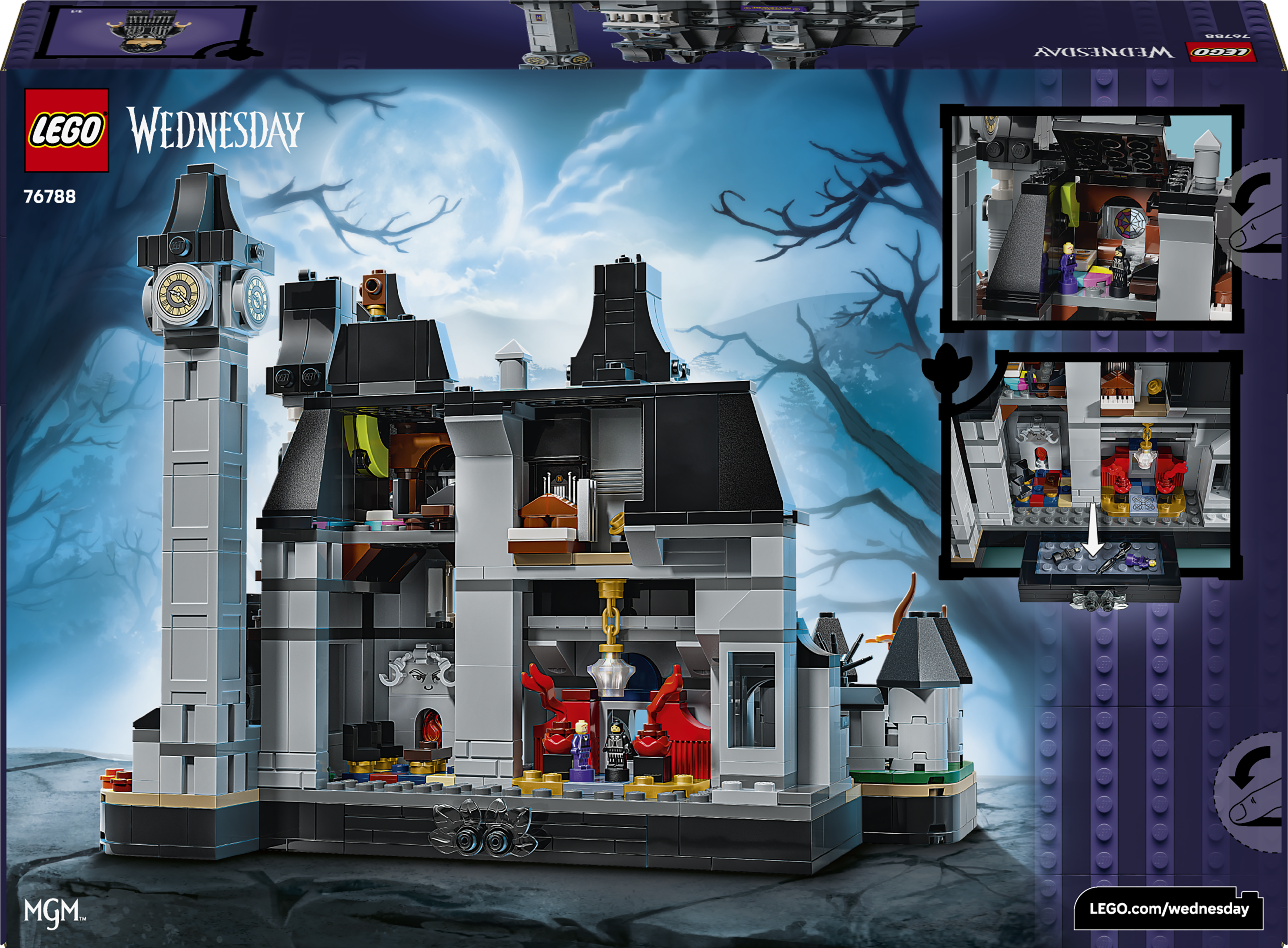 Lego Wednesday Schloss-Set mit Turm und Innenräumen vor nächtlichem Hintergrund mit Mond.