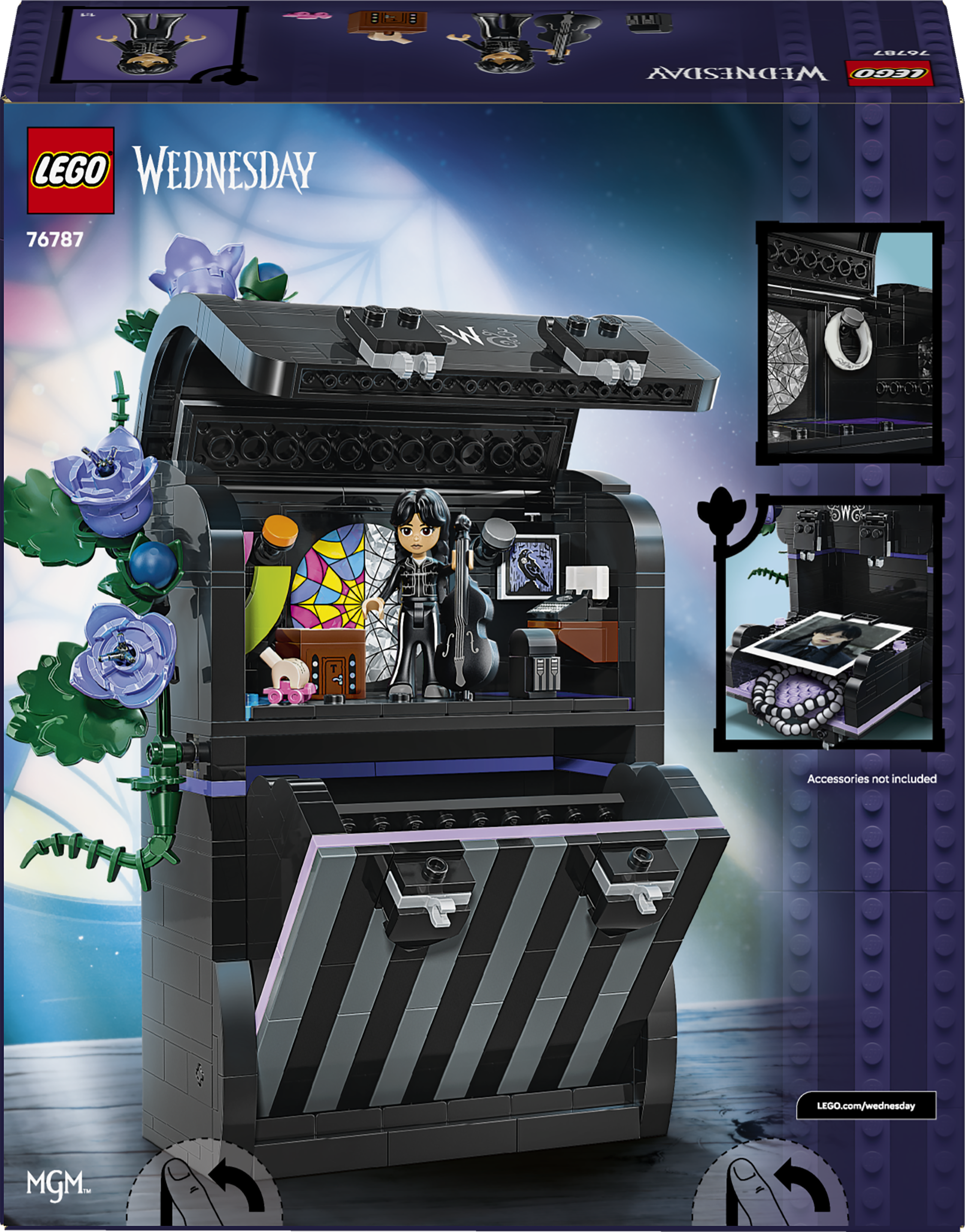 Lego Wednesday-Set-Box mit geffnetem Fach, Miniaturfigur, Cello und violetten Rosen auf blauem Hintergrund.