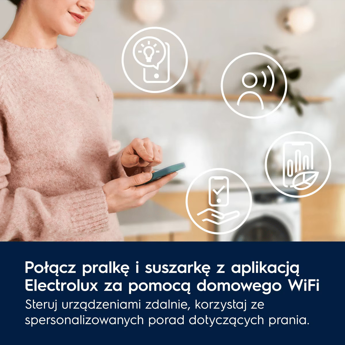Kobieta w różowym swetrze korzysta z aplikacji na smartfonie, a w tle widać różne ikony funkcji.
