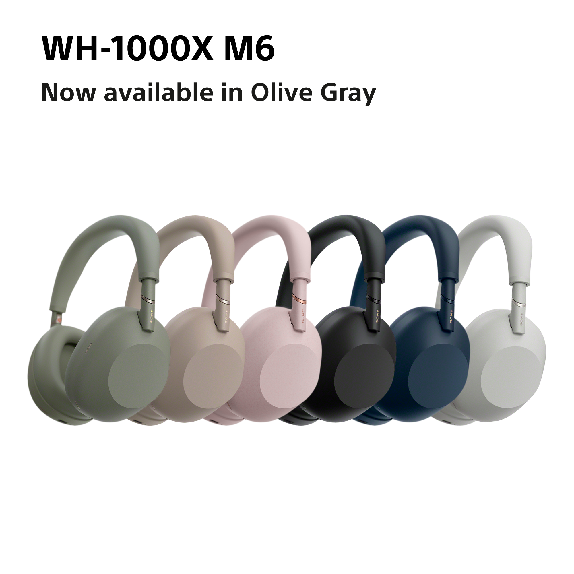 Six casques WH-1000X M6 en olive, beige, rose, noir, bleu et blanc sur fond blanc.