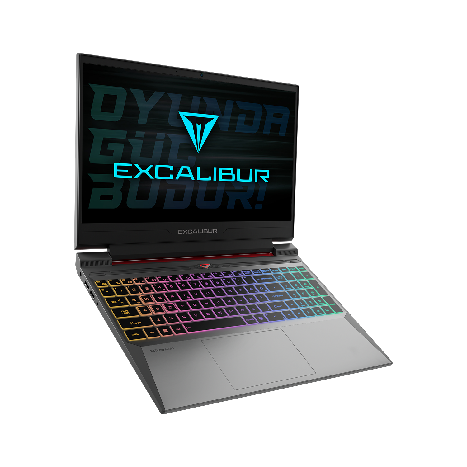 Siyah arka planda RGB klavyeli ve ekranında Excalibur logosu olan gri bir oyun dizüstü bilgisayarı.