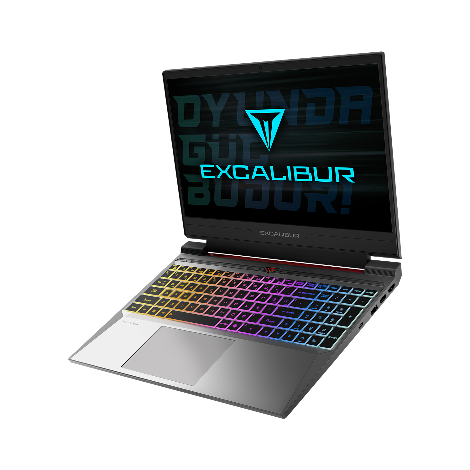 Siyah arka plan önünde renkli RGB klavye aydınlatmasına sahip gümüş renkli Excalibur oyuncu dizüstü bilgisayarı.
