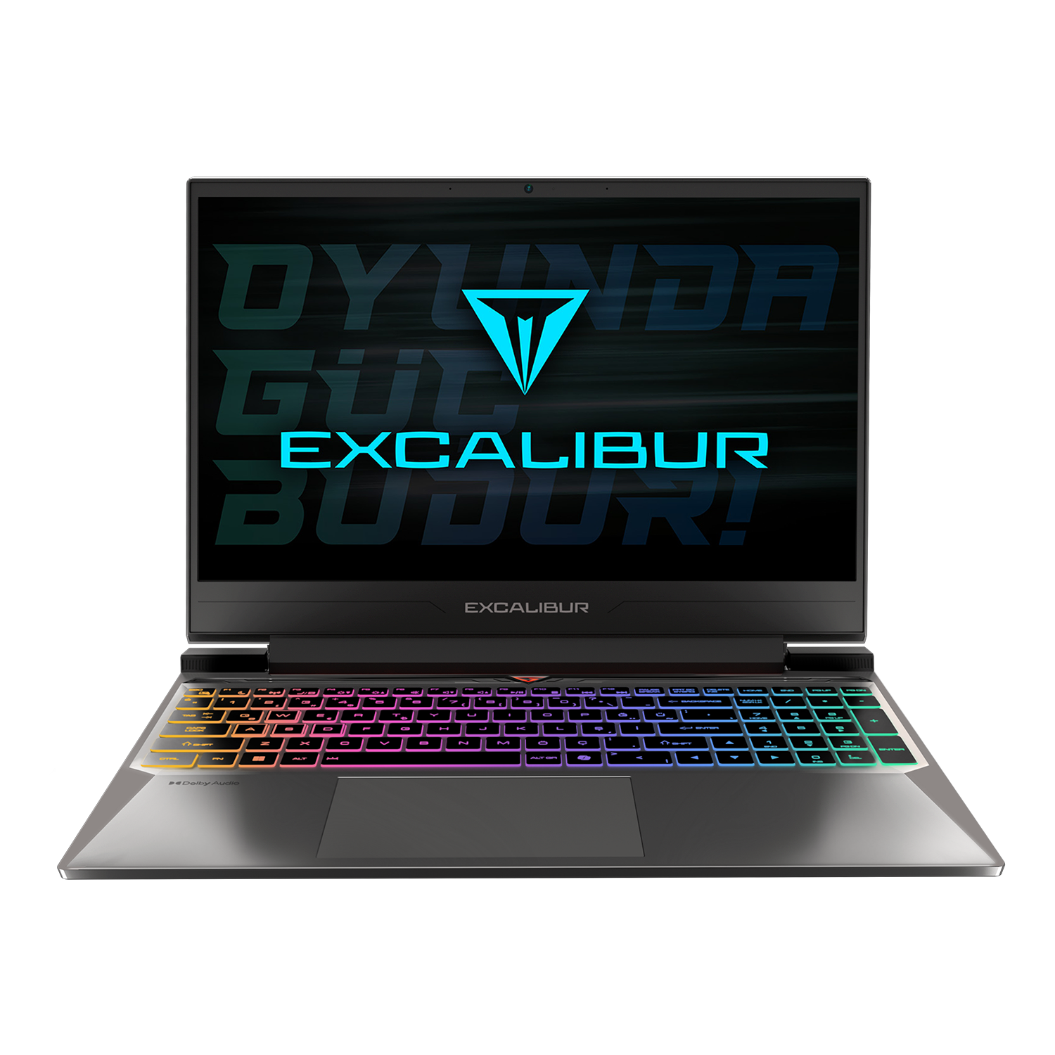 Açık bir Excalibur dizüstü bilgisayar, renkli klavyesi ve ekranda Excalibur logosu ile.