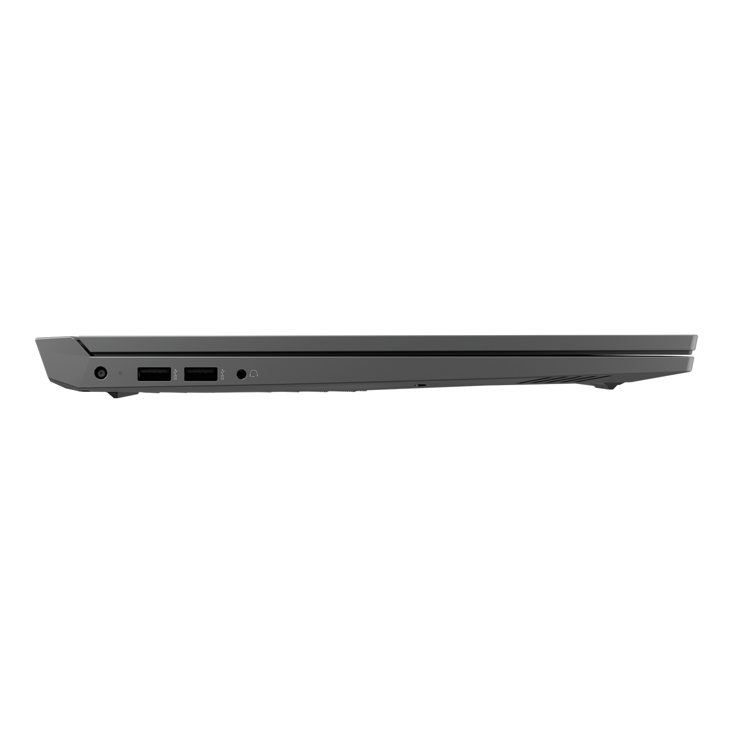 Siyah arka plan önünde USB bağlantı noktaları ve ses jakı olan kapalı koyu renkli bir dizüstü bilgisayarın sol tarafı.