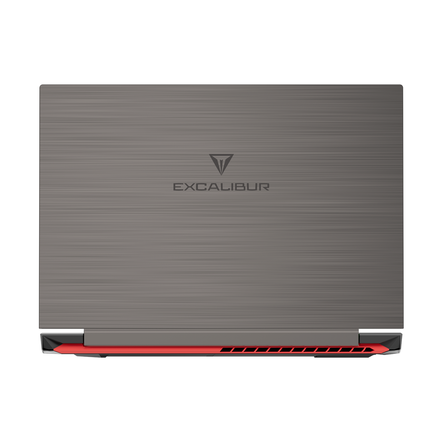 Fırçalanmış metal kaplamalı, üçgen logolu ve altta kırmızı havalandırmalı kapalı gri Excalibur laptop kapağı.