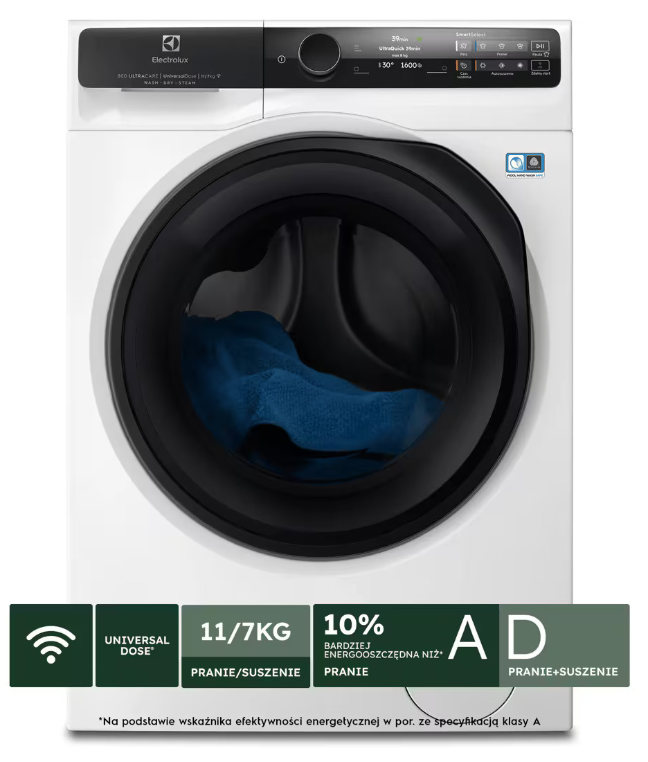 Biała pralko-suszarka Electrolux z cyfrowym wyświetlaczem, czarną ramą drzwi i ikonami na dole.