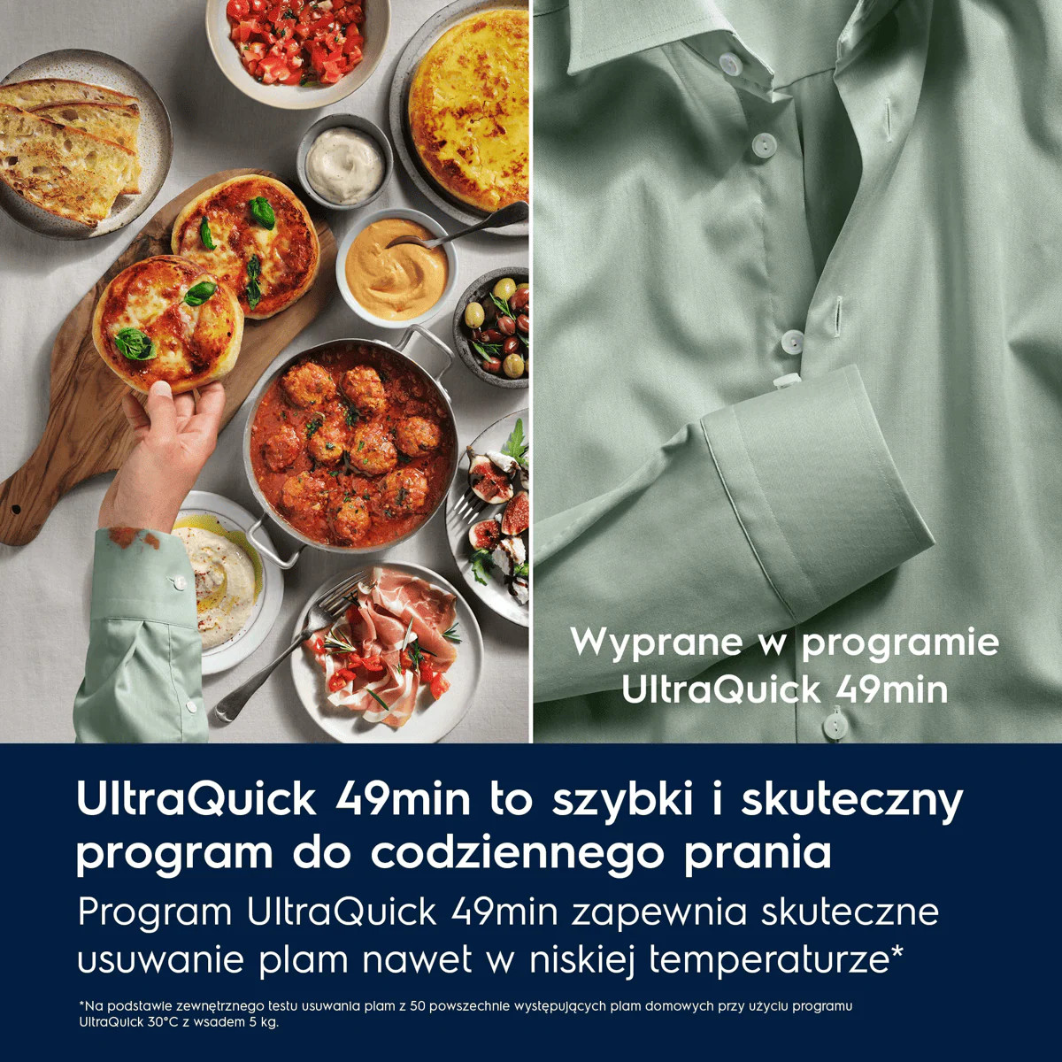 Jedzenie śródziemnomorskie obok czystej zielonej koszuli z polskim tekstem o praniu.