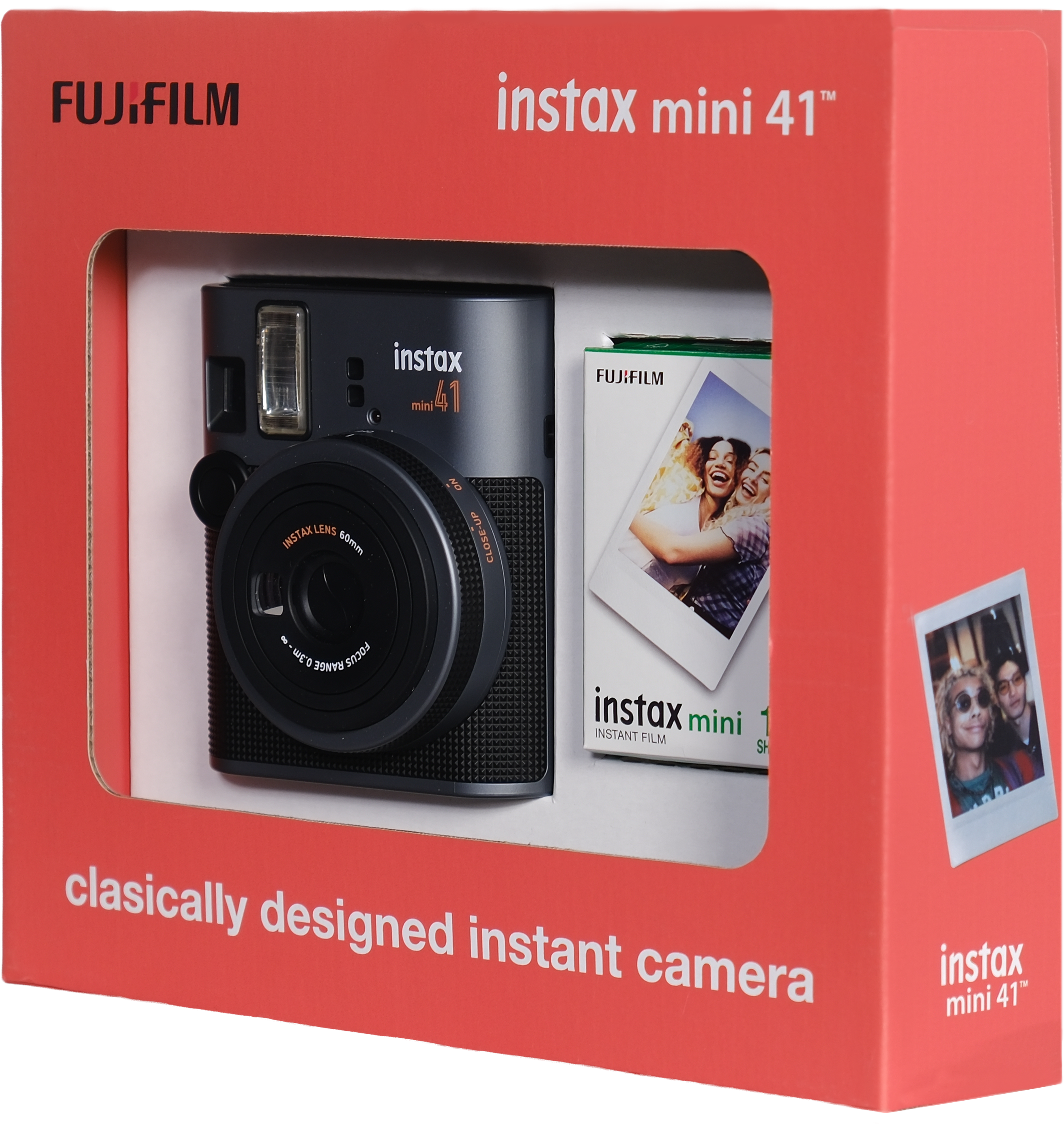 Siyah bir anlık kamera ve bir paket film içeren kırmızı bir Fujifilm Instax mini 41 kutusu.