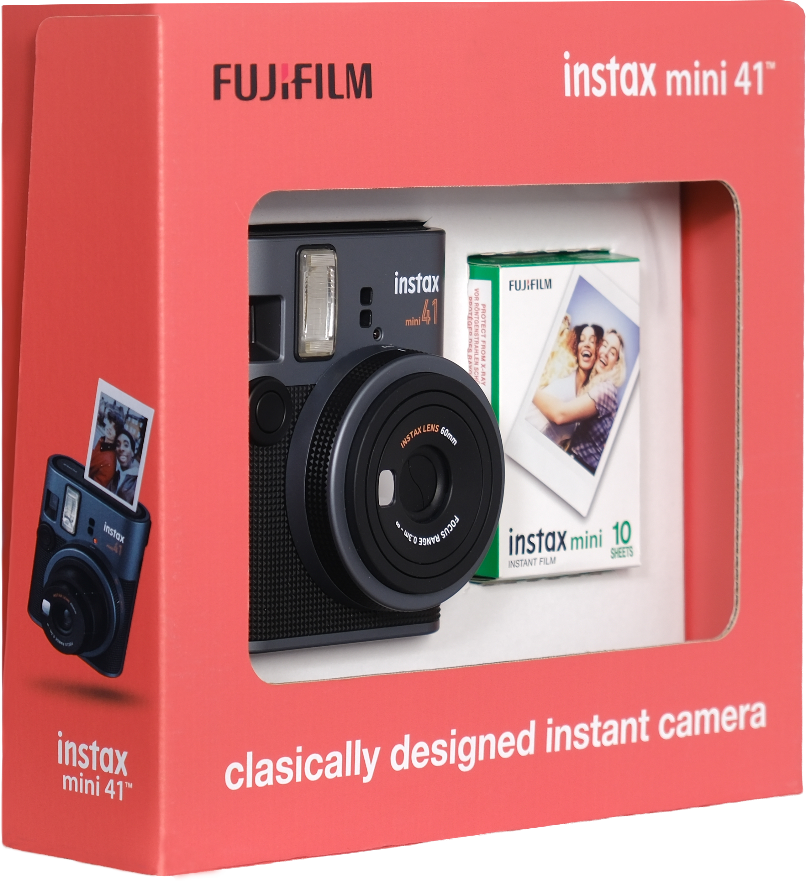 Kamera ve film içeren kırmızı bir Fujifilm Instax Mini 41 kutusu.
