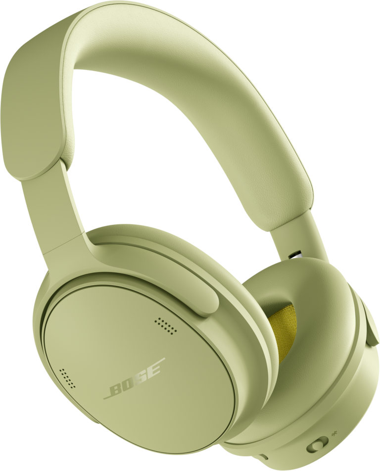 Casque supra-auriculaire Bose vert clair sur fond noir, doté d'oreillettes et d'arceau rembourrés.