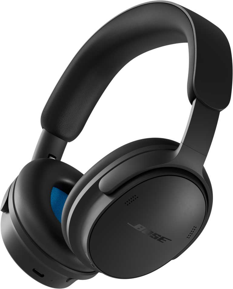 Casque supra-auriculaire noir de Bose sur fond noir uni, avec oreillettes rembourrées et arceau.