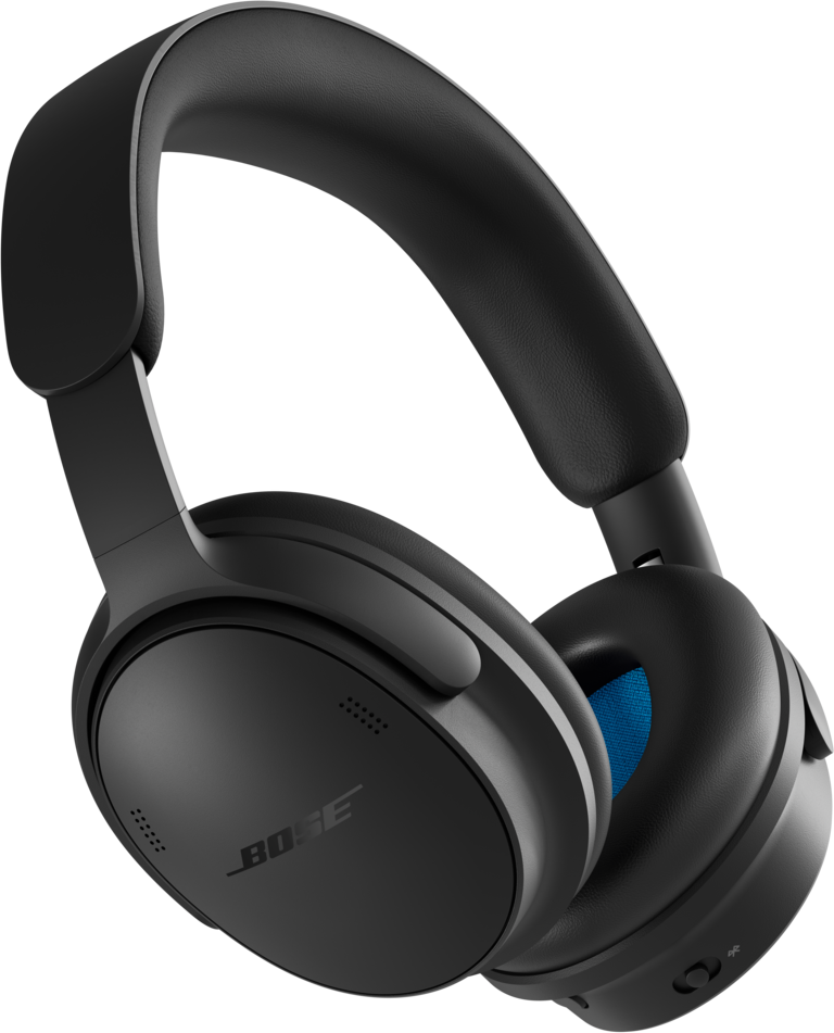 Casque supra-auriculaire Bose noir avec accents intérieurs bleus sur fond sombre.