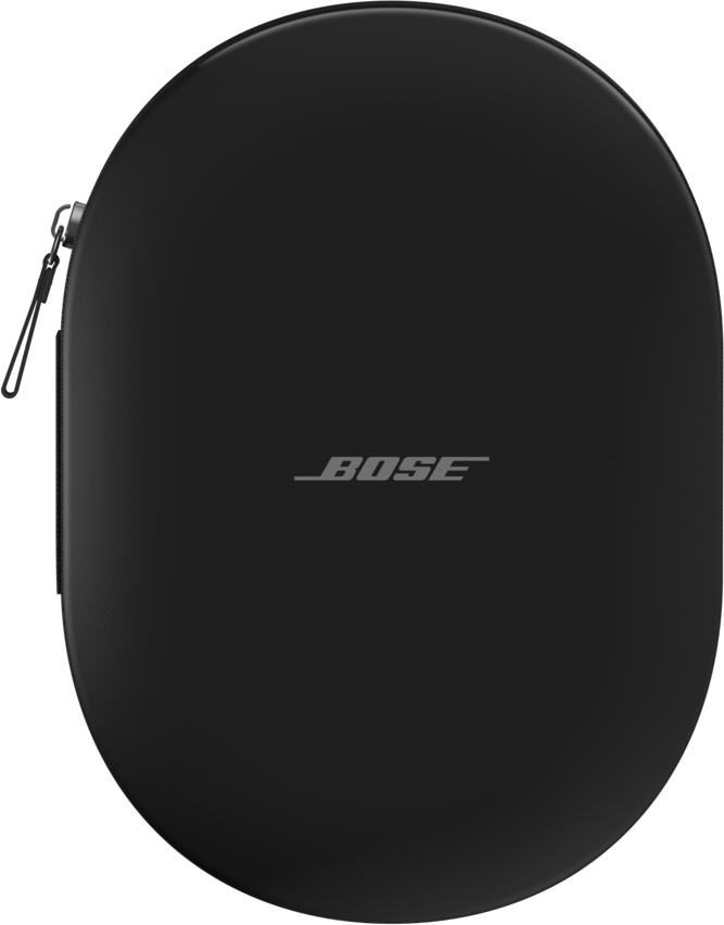 Un étui rigide ovale Bose noir avec une fermeture éclair et le logo à l'avant.