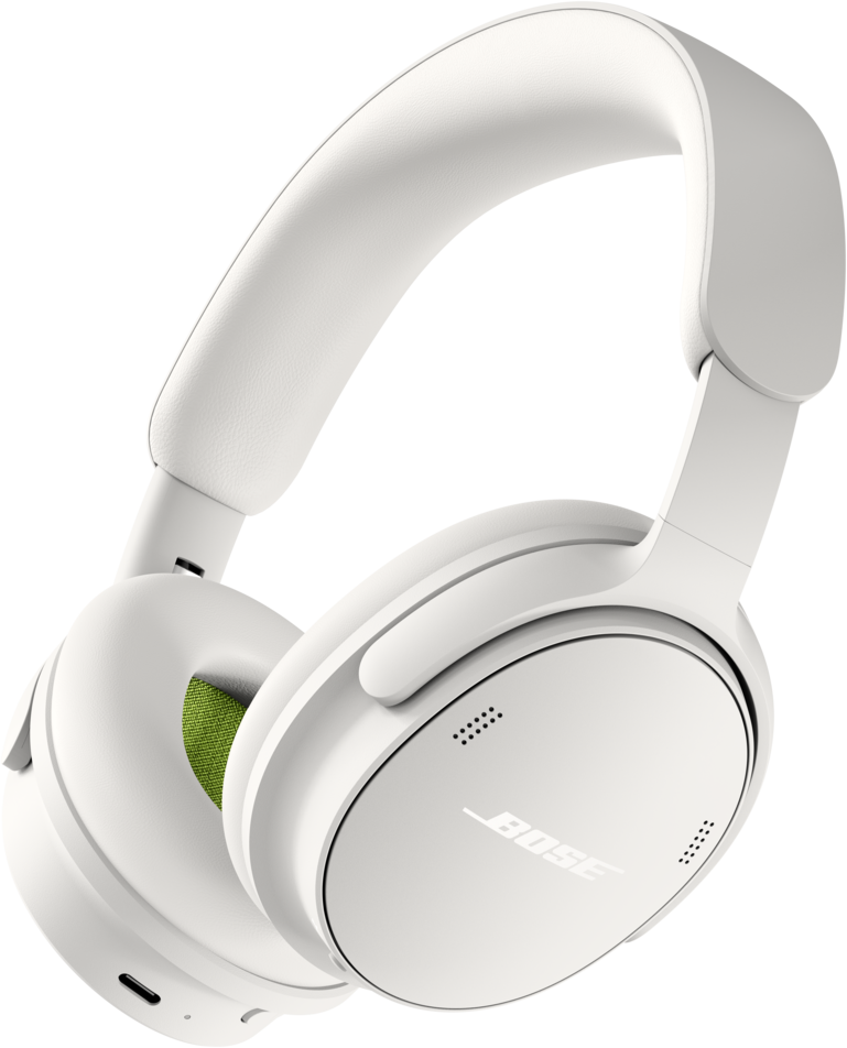Casque supra-auriculaire Bose blanc avec des accents verts a l'interieur sur fond noir.