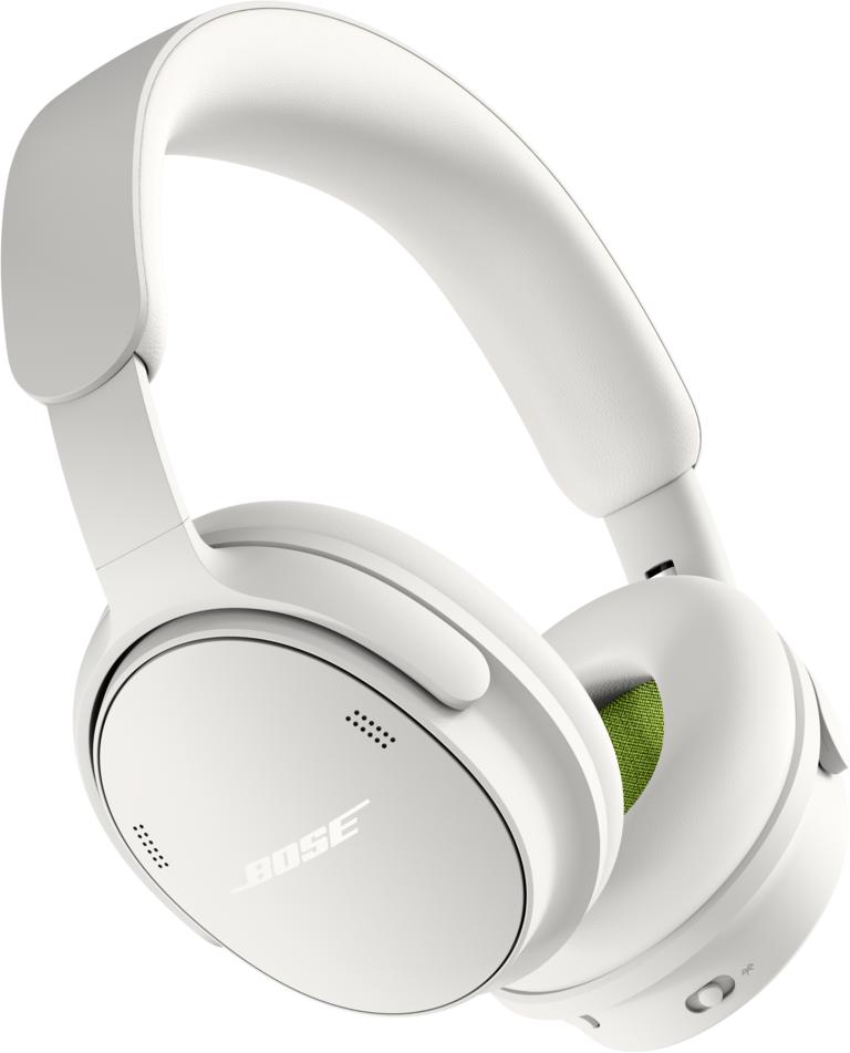 Casque supra-auriculaire Bose blanc avec doublure intérieure verte sur fond noir.