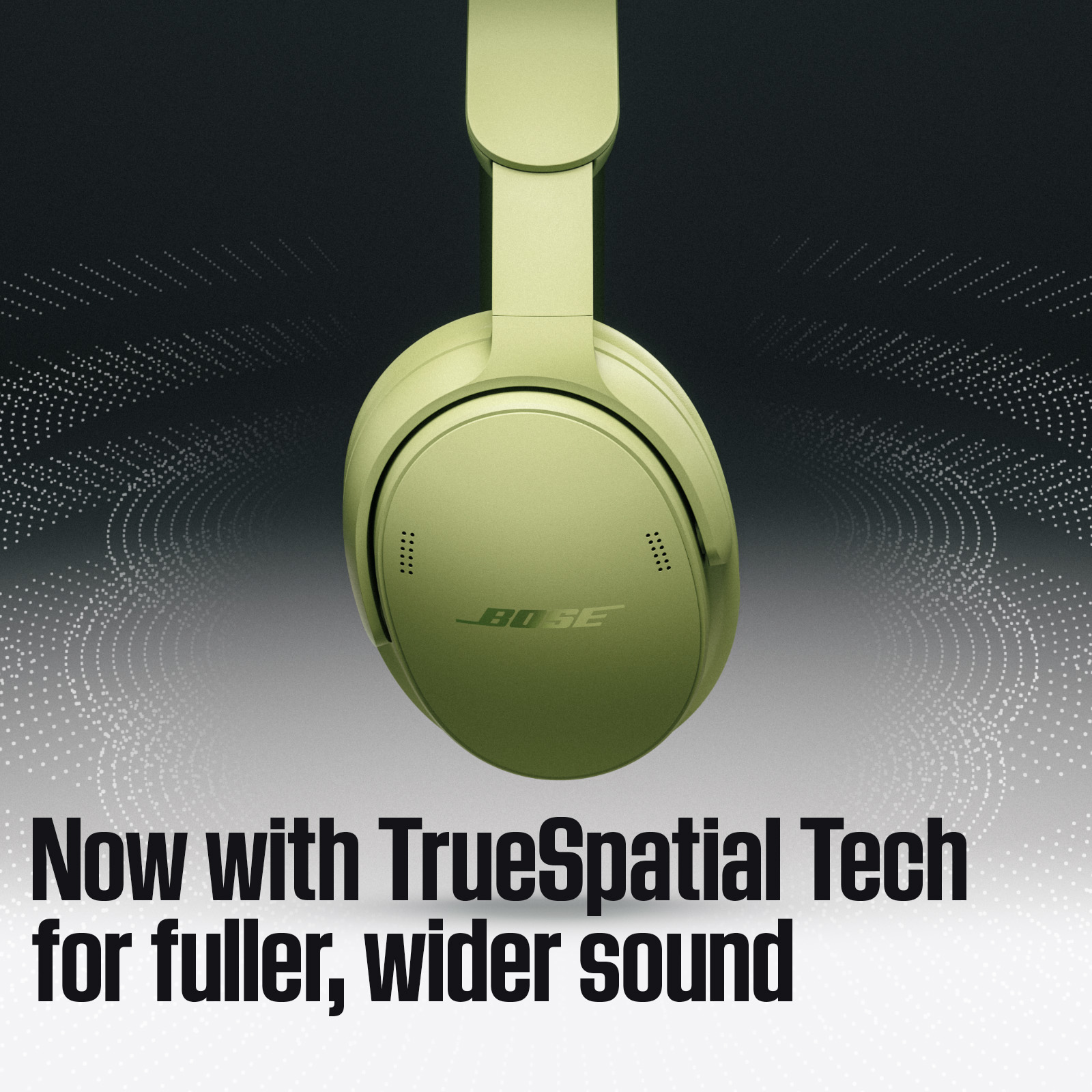 Casque Bose vert olive sur fond noir avec texte sur la technologie TrueSpatial.