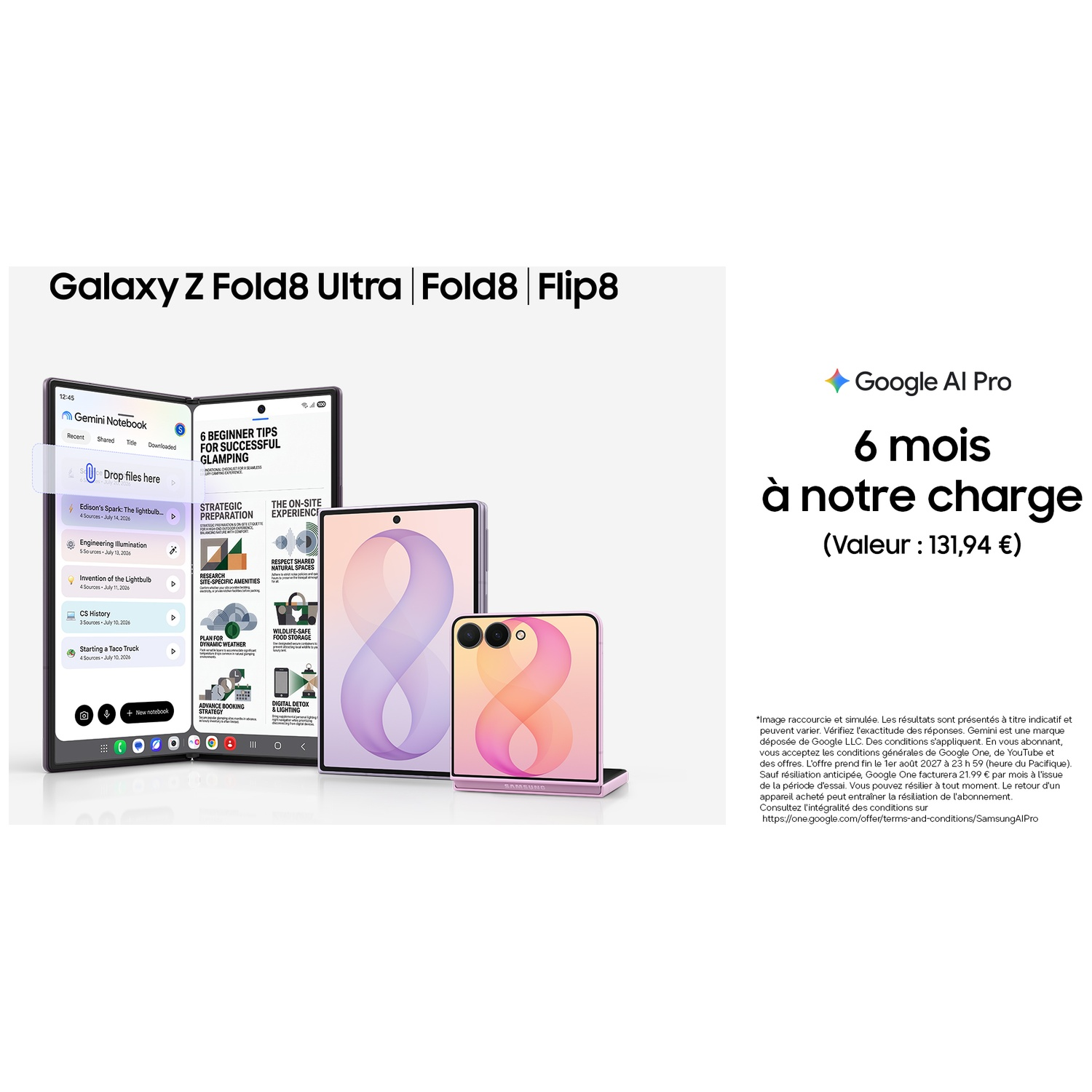 Image promotionnelle pour Samsung Galaxy Z Fold8 et Flip8 avec offre Google AI Pro.