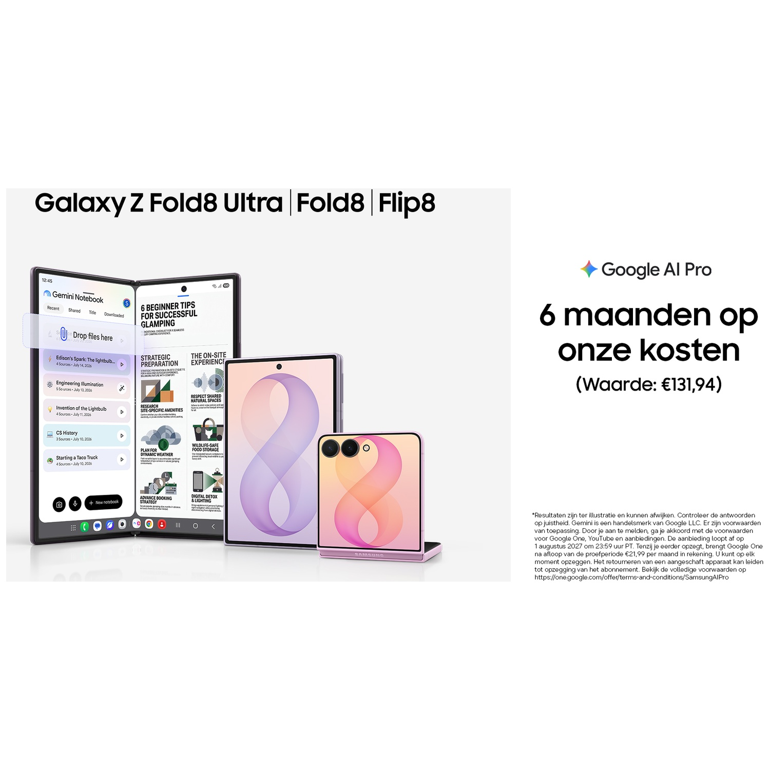 Advertisement for Galaxy Z Fold8 and Flip8 with Google AI Pro offer.