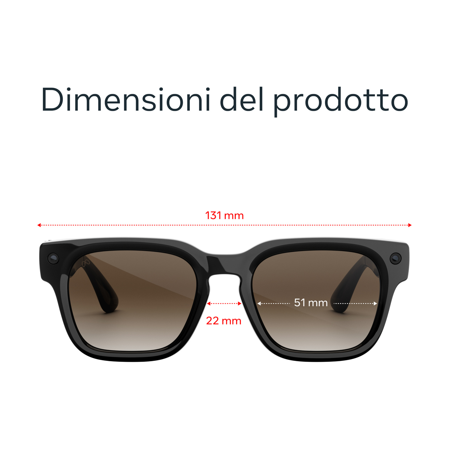 Occhiali da sole neri con dimensioni: larghezza totale 131 mm, lente 51 mm, ponte 22 mm.