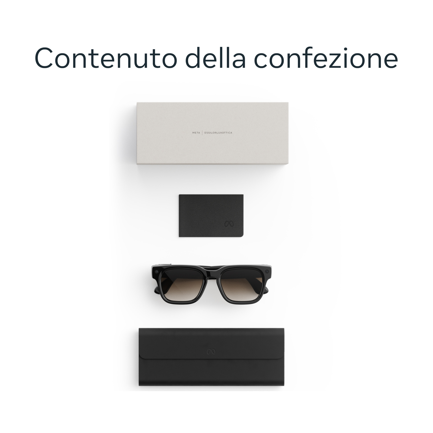 Contenuto della confezione con scatola bianca, astuccio nero, occhiali da sole e custodia su sfondo bianco.