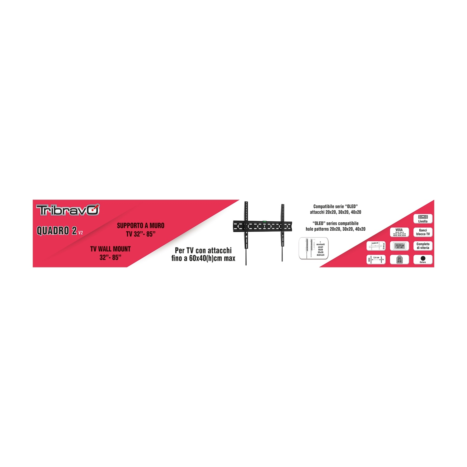 Design della confezione per staffa TV Quadro 2 v2, adatta per 32"-85", colori rosso e bianco.