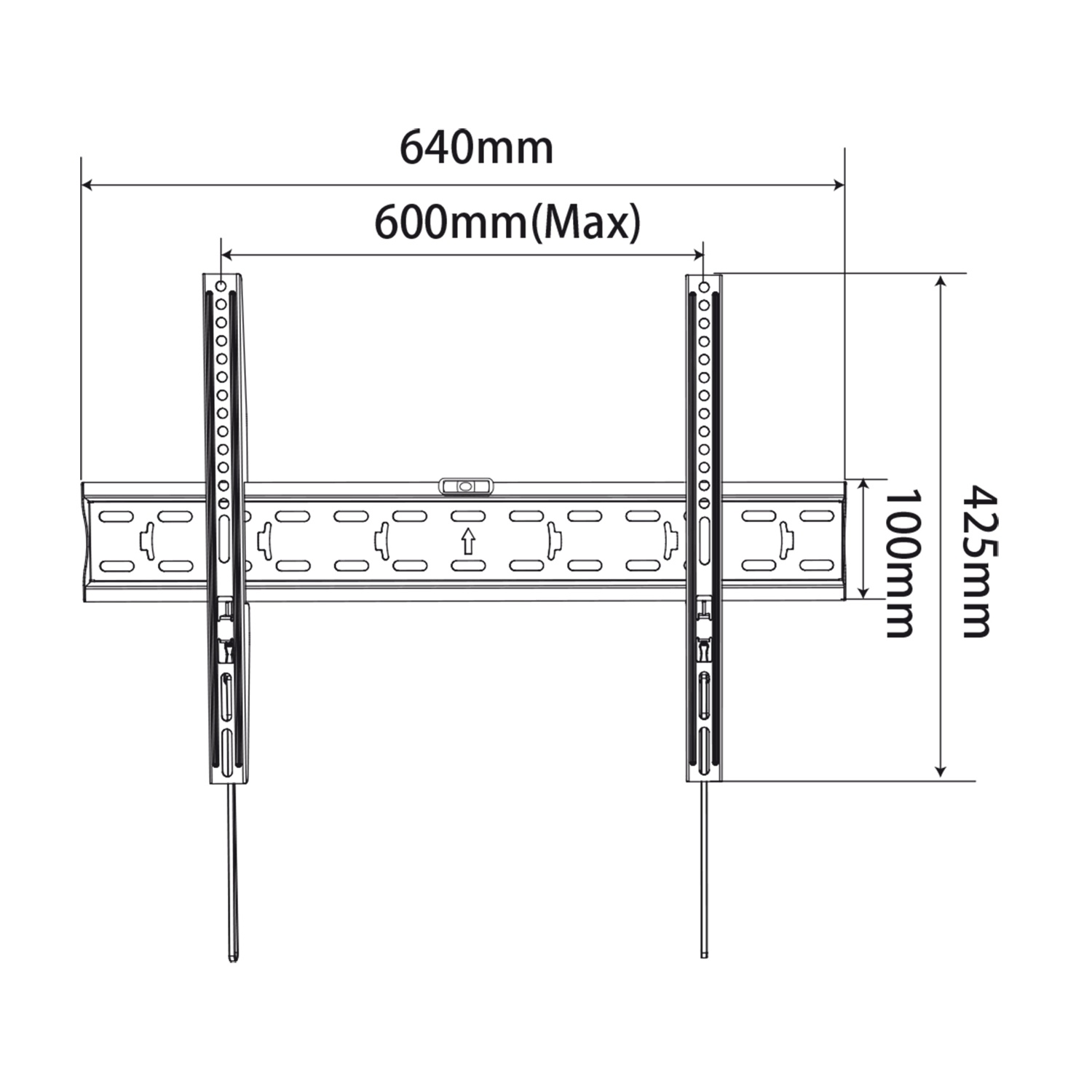 Disegno tecnico di un supporto TV da parete con quote di 640mm e 425mm.