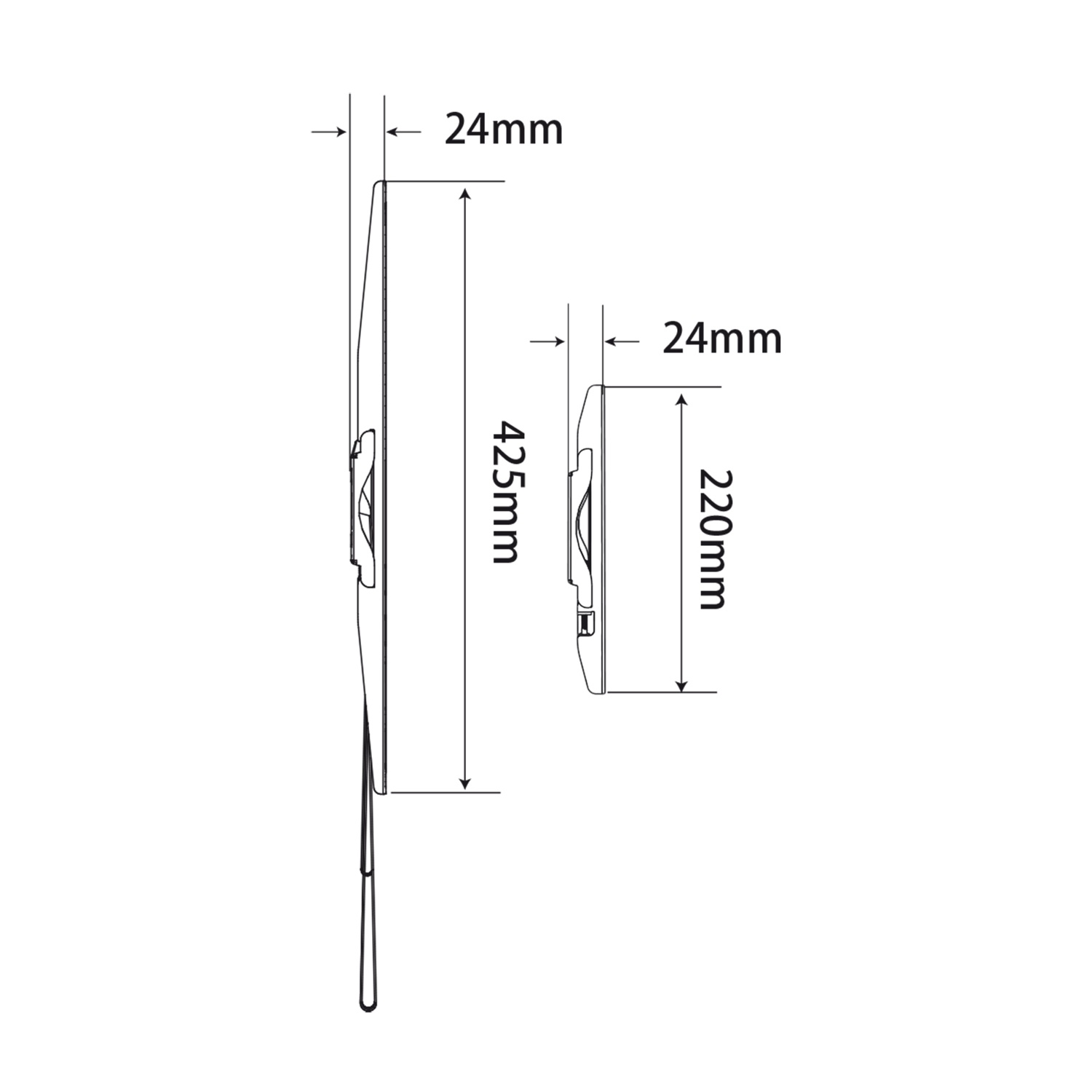 Disegno tecnico di due modelli di lampada con viste laterali, altezze di 425mm e 220mm e profondità di 24mm.