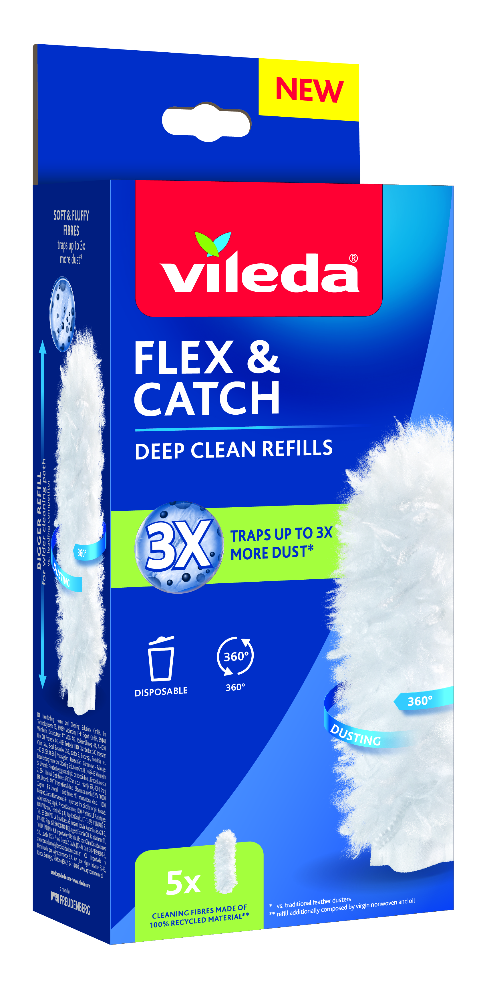 Produktverpackung von Vileda Flex & Catch Deep Clean Refills mit weißem Staubwedel und blauen und roten Akzenten.