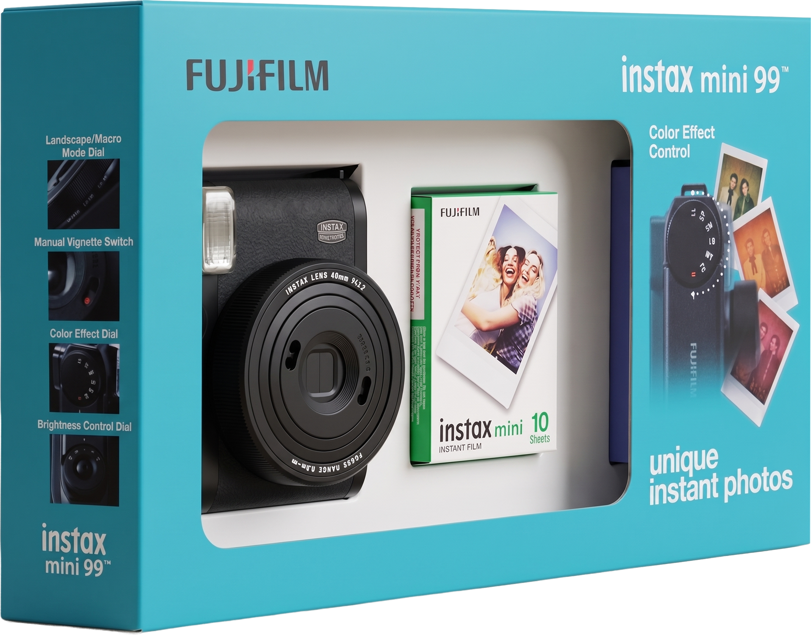 Kamera ve film paketiyle birlikte Fujifilm Instax Mini 99 anında çekim kamera kutusu.