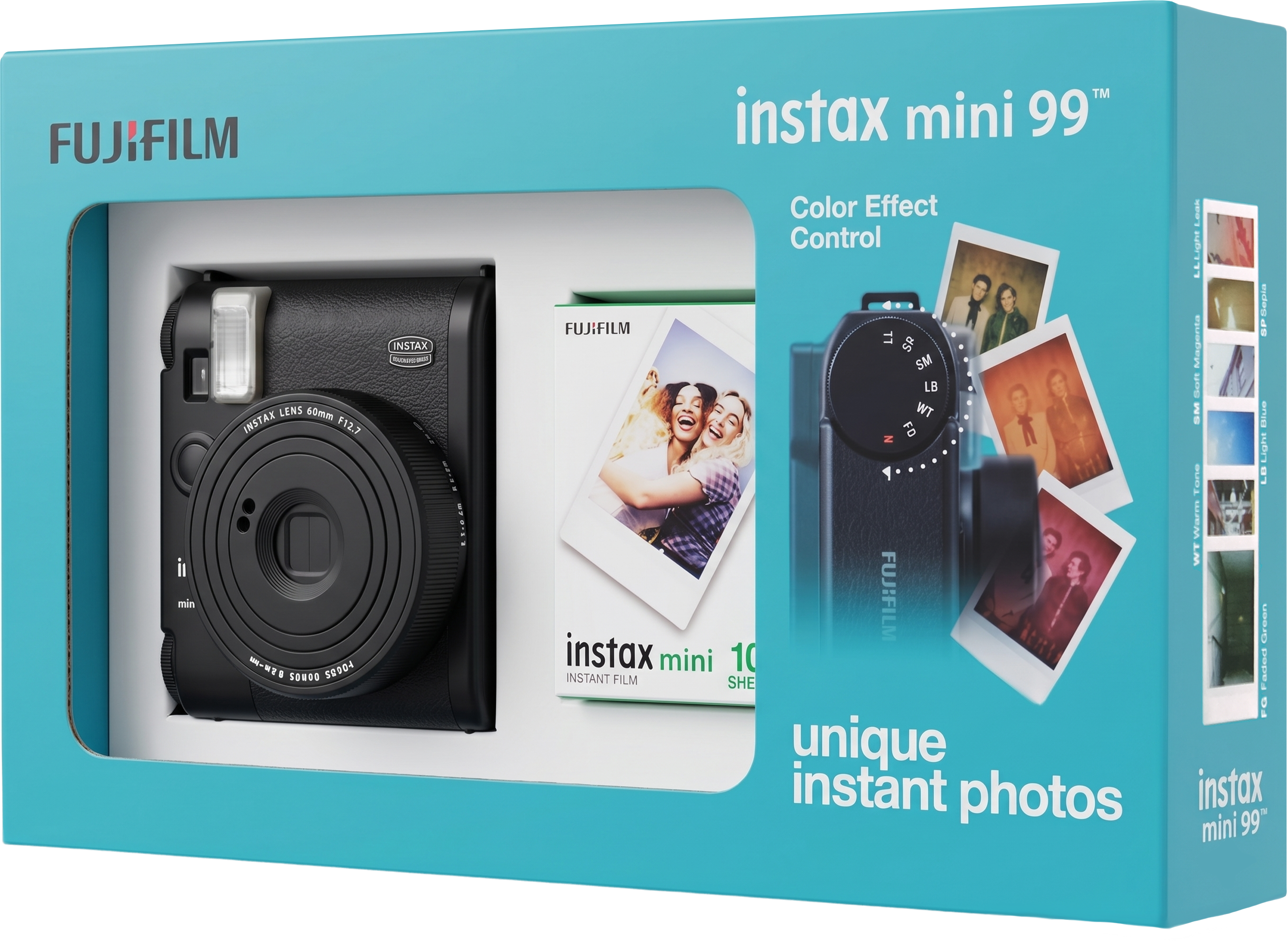 Siyah anlık kamera ve film paketi içeren mavi Fujifilm Instax Mini 99 kutusu.