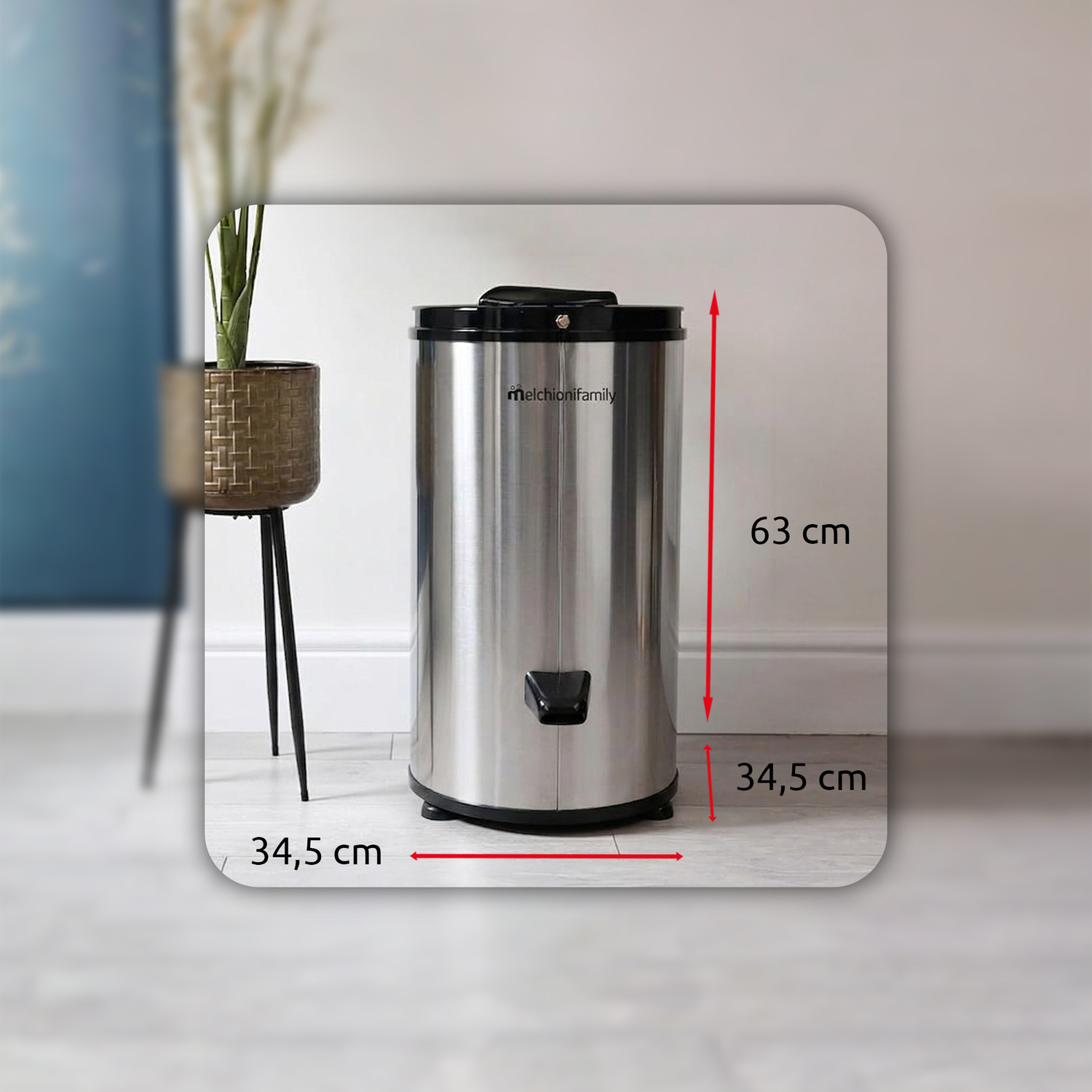 Centrifuga cilindrica argentata con dimensioni: altezza 63 cm, diametro 34,5 cm.