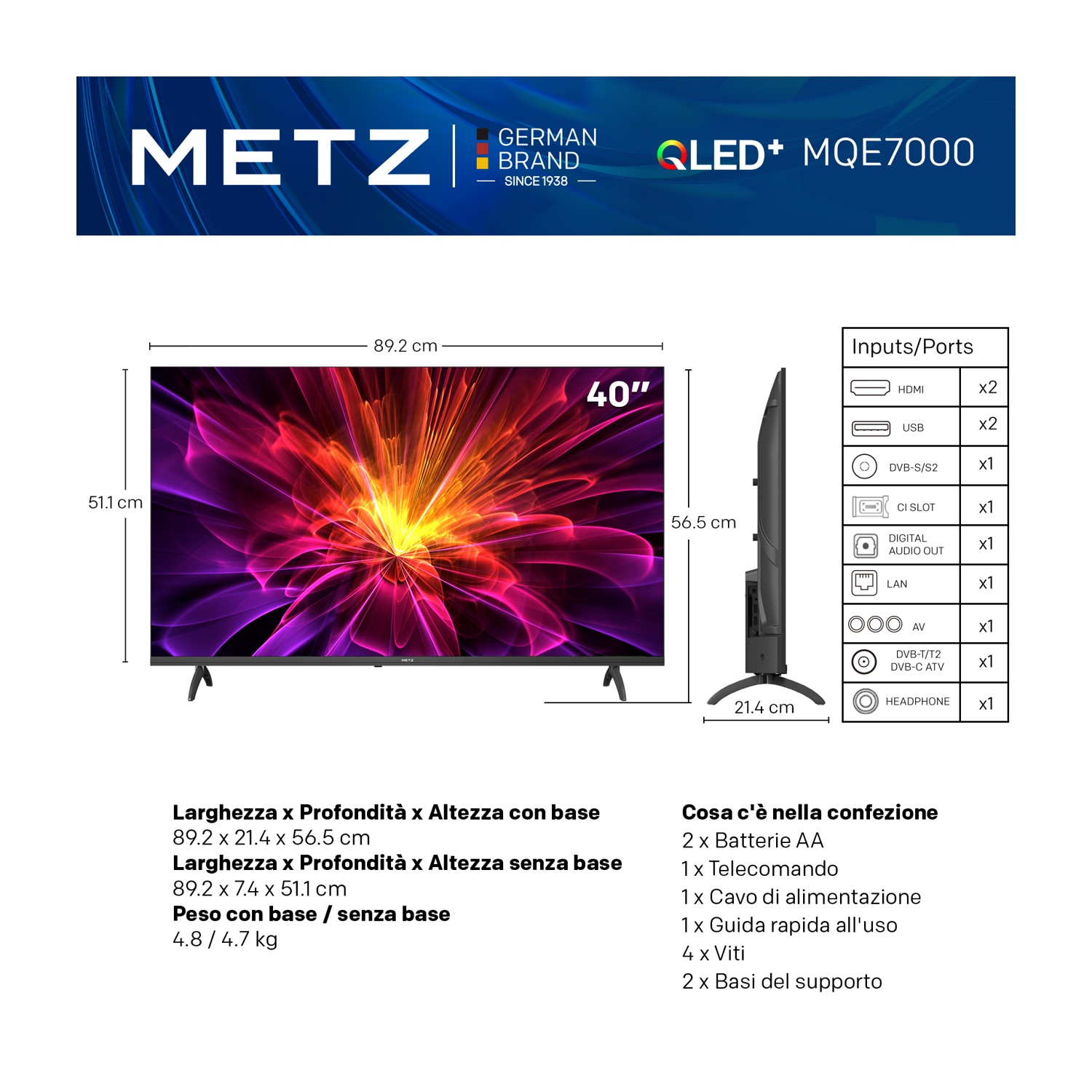TV QLED Metz da 40 pollici con dimensioni, vista laterale, porte e contenuto.