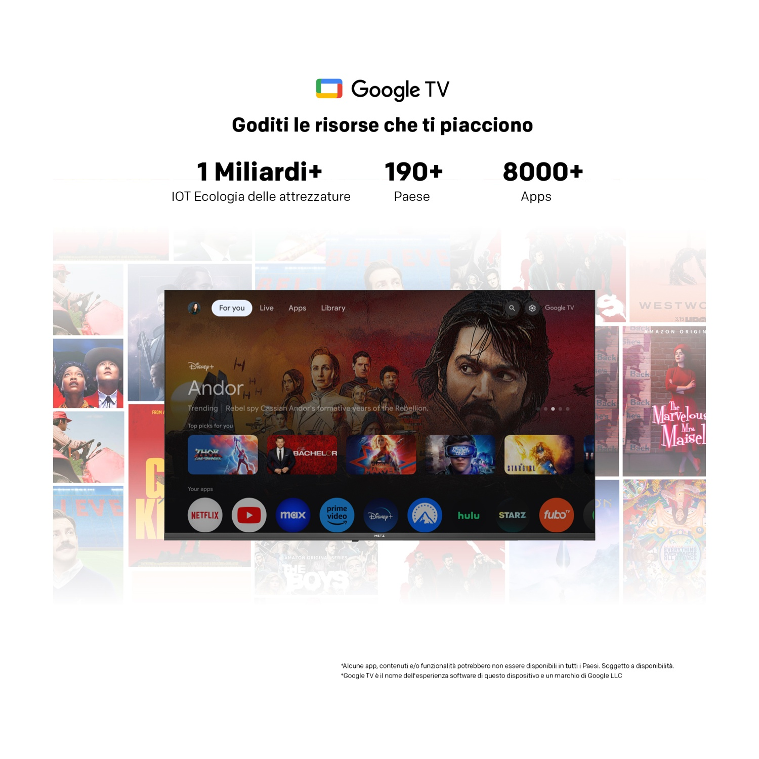 Promo di Google TV con statistiche e schermata iniziale con app come Netflix e Disney+.