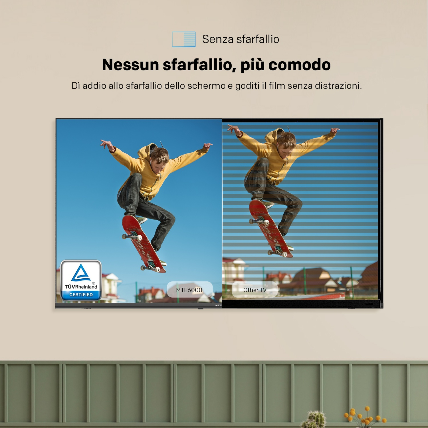 Confronto tra due schermi: senza sfarfallio a sinistra, sfarfallio a destra.
