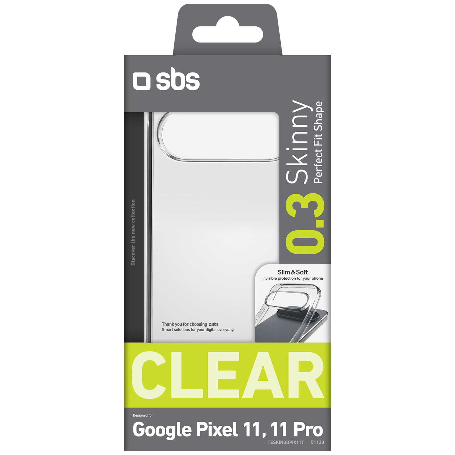 Emballage pour coque de protection transparente SBS 0.3 Skinny pour Google Pixel 11, 11 Pro.