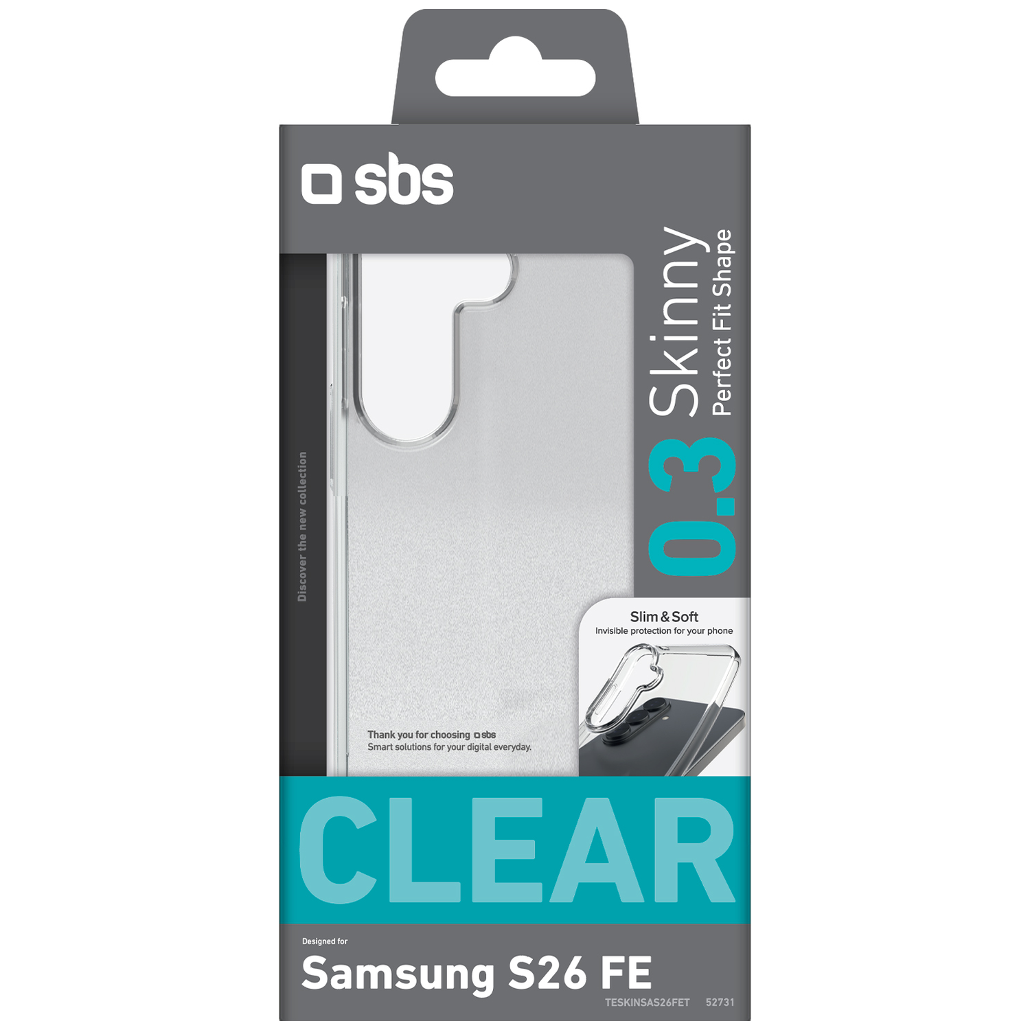 Packaging for a transparent SBS 0.3 Skinny phone case for Samsung S26 FE, featuring gray and turquoise accents.