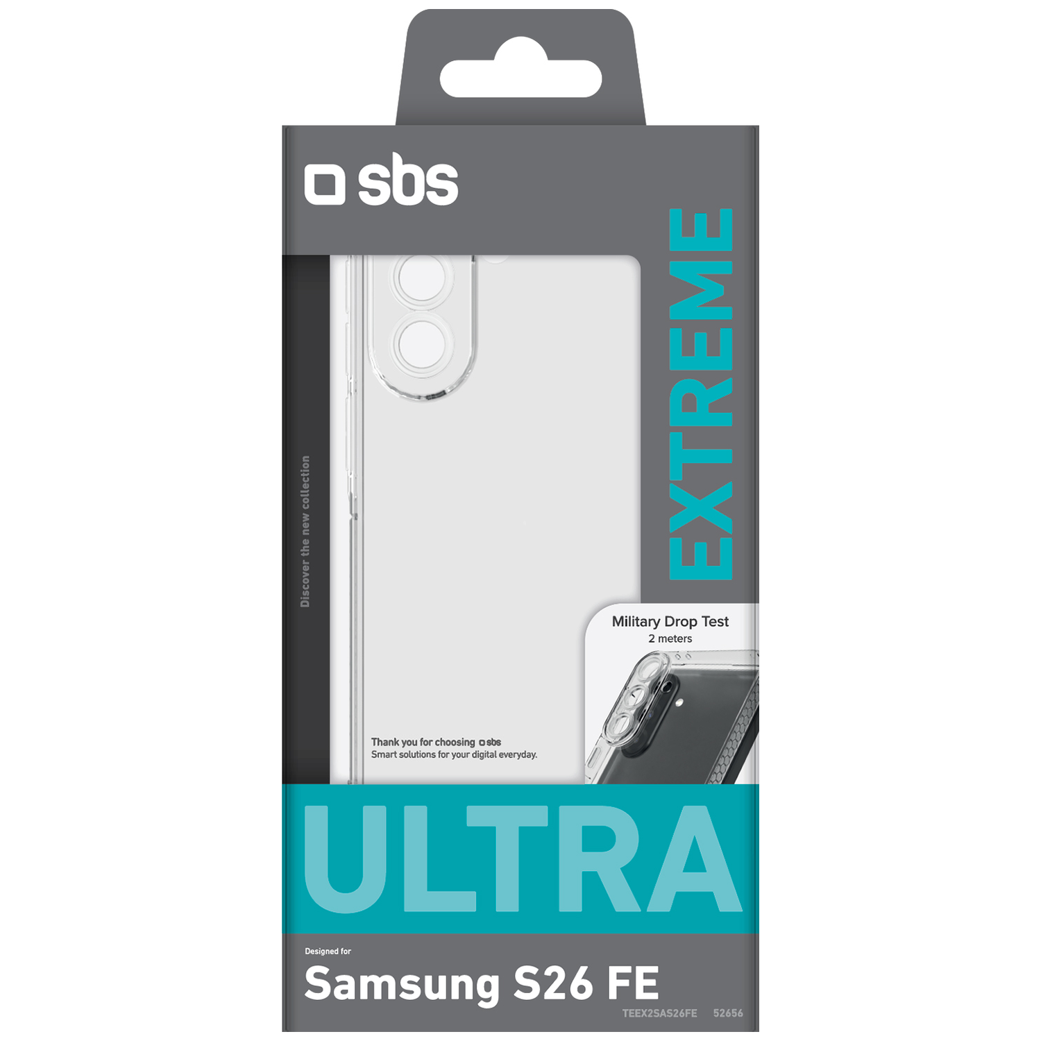 Emballage d'une coque de protection SBS Extreme Ultra pour Samsung S26 FE transparente.