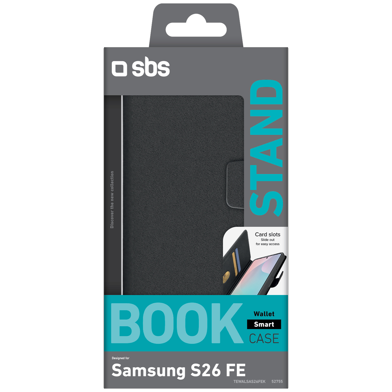 Emballage pour étui portefeuille noir SBS Book Stand, conçu pour Samsung S26 FE.