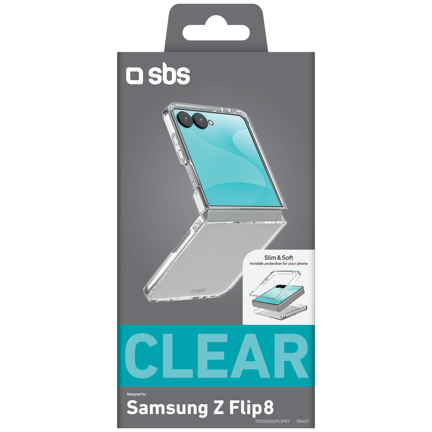 SBS packaging for a transparent Samsung Z Flip8 case on a grey and turquoise background.