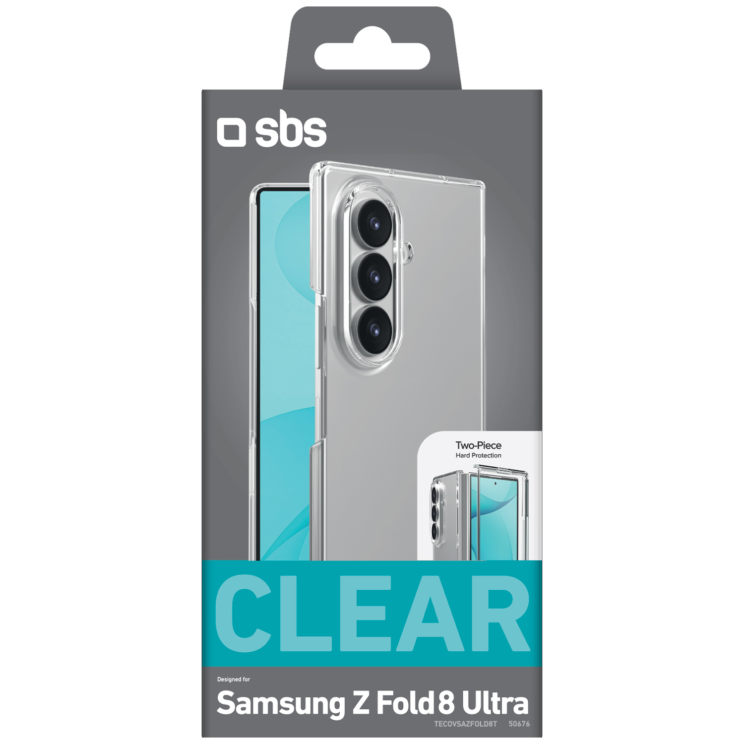 Productverpakking voor een doorzichtige Samsung Z Fold8 Ultra hoes met SBS logo en CLEAR tekst.