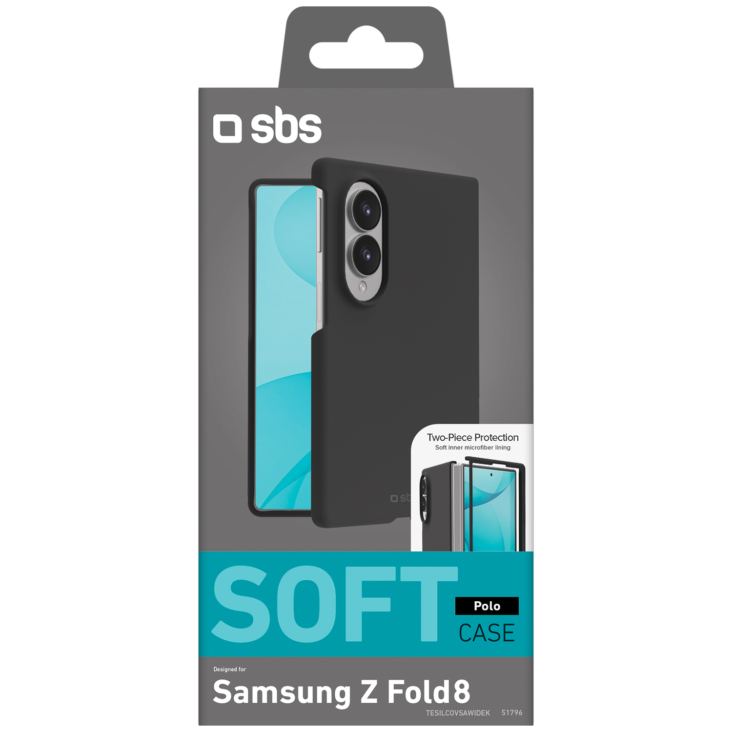 Emballage de la coque de protection SBS Soft Polo pour Samsung Z Fold8 en gris et turquoise.