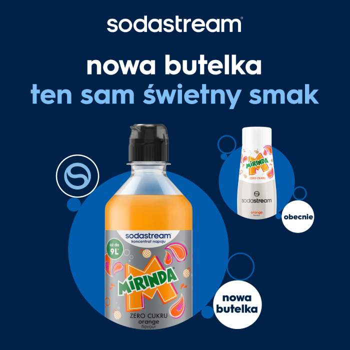 Butelka syropu Sodastream Mirinda o smaku pomarańczowym na niebieskim tle.