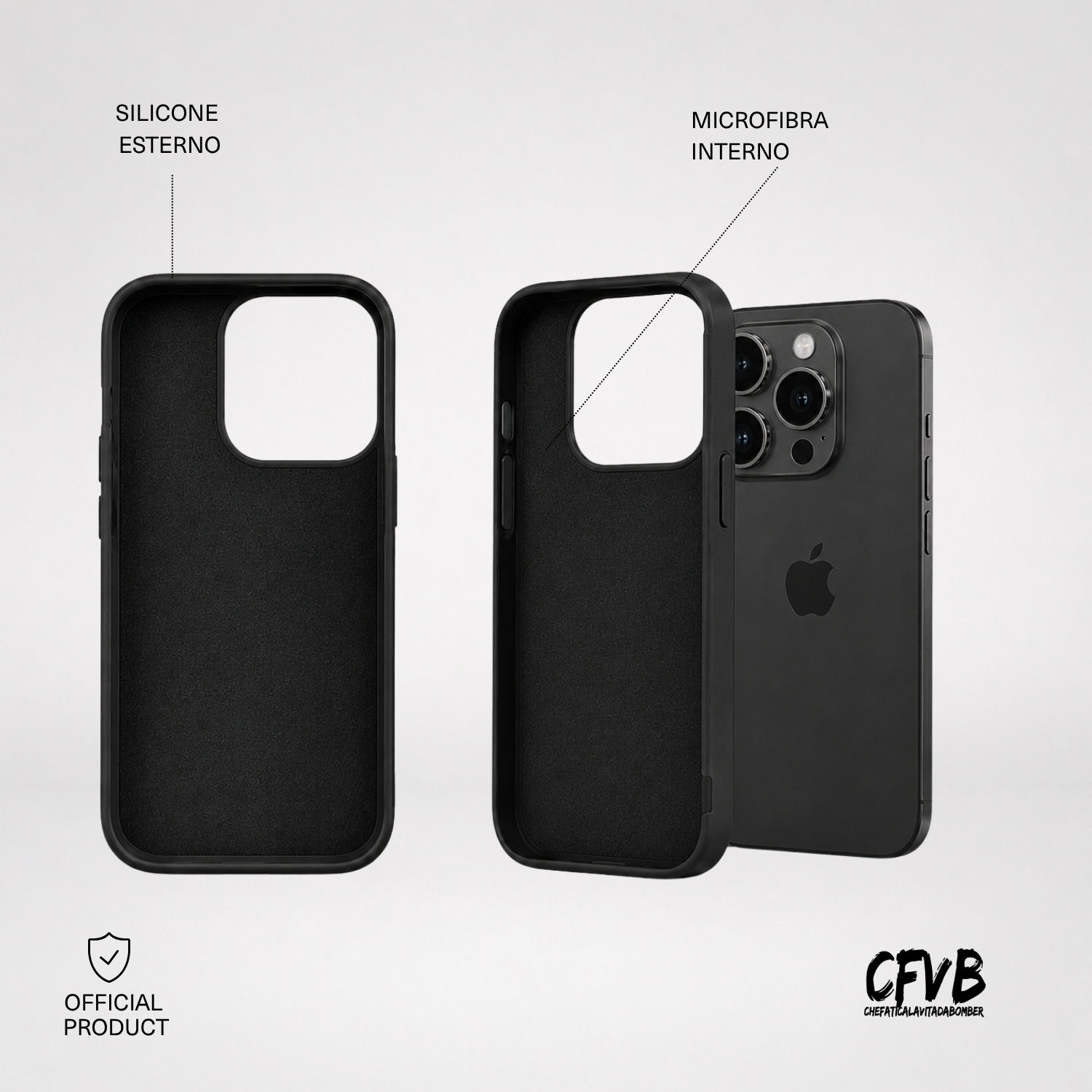 Custodia nera per iPhone con esterno in silicone e interno in microfibra.