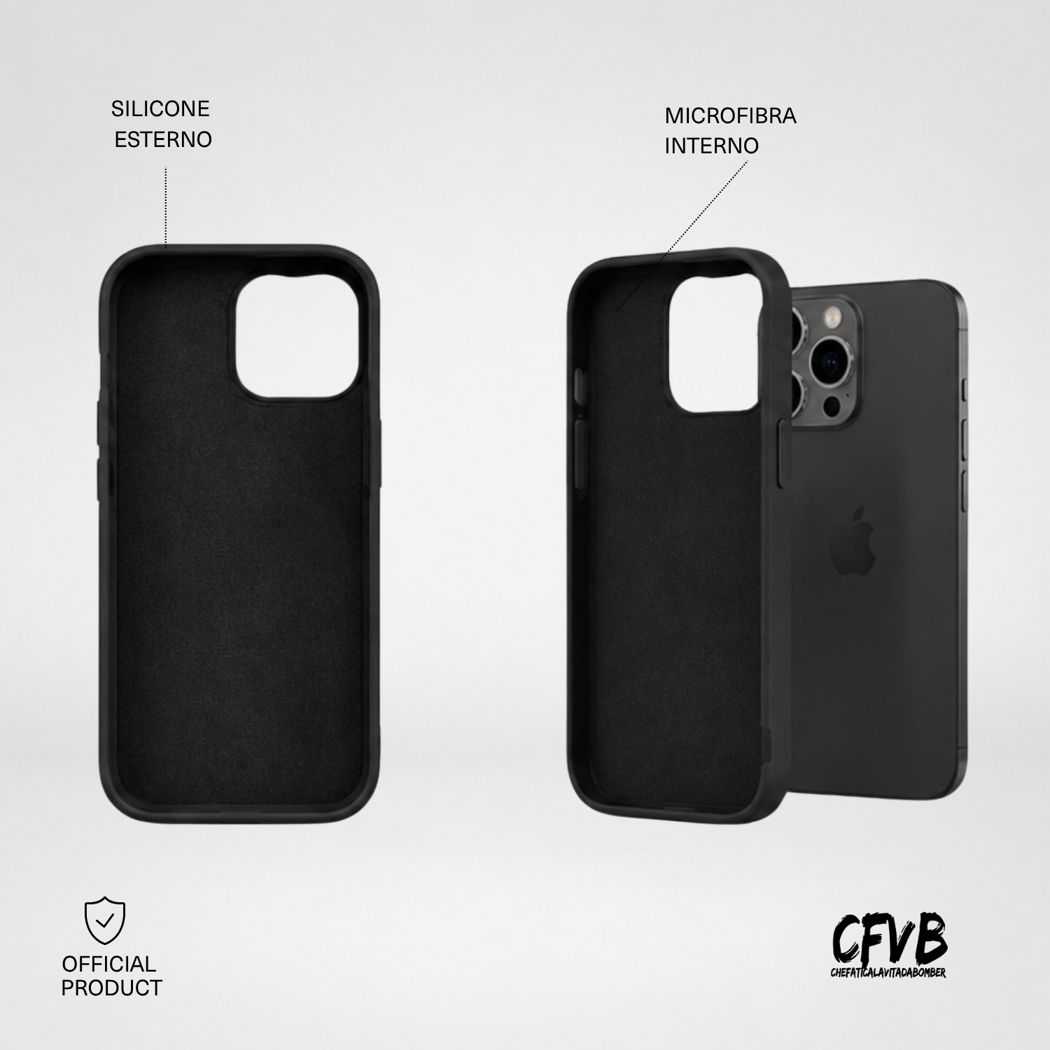 Una cover nera mostra esterno in silicone e interno in microfibra.