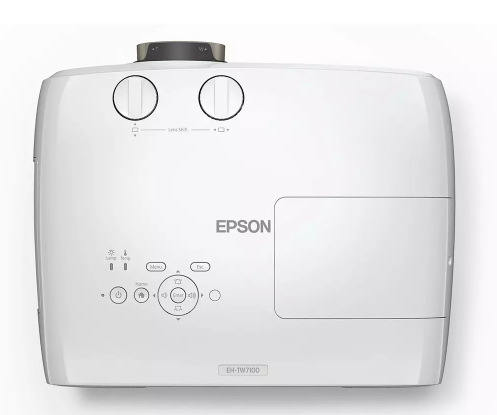 Biały projektor Epson z przyciskami sterującymi i logo Epson na górze.