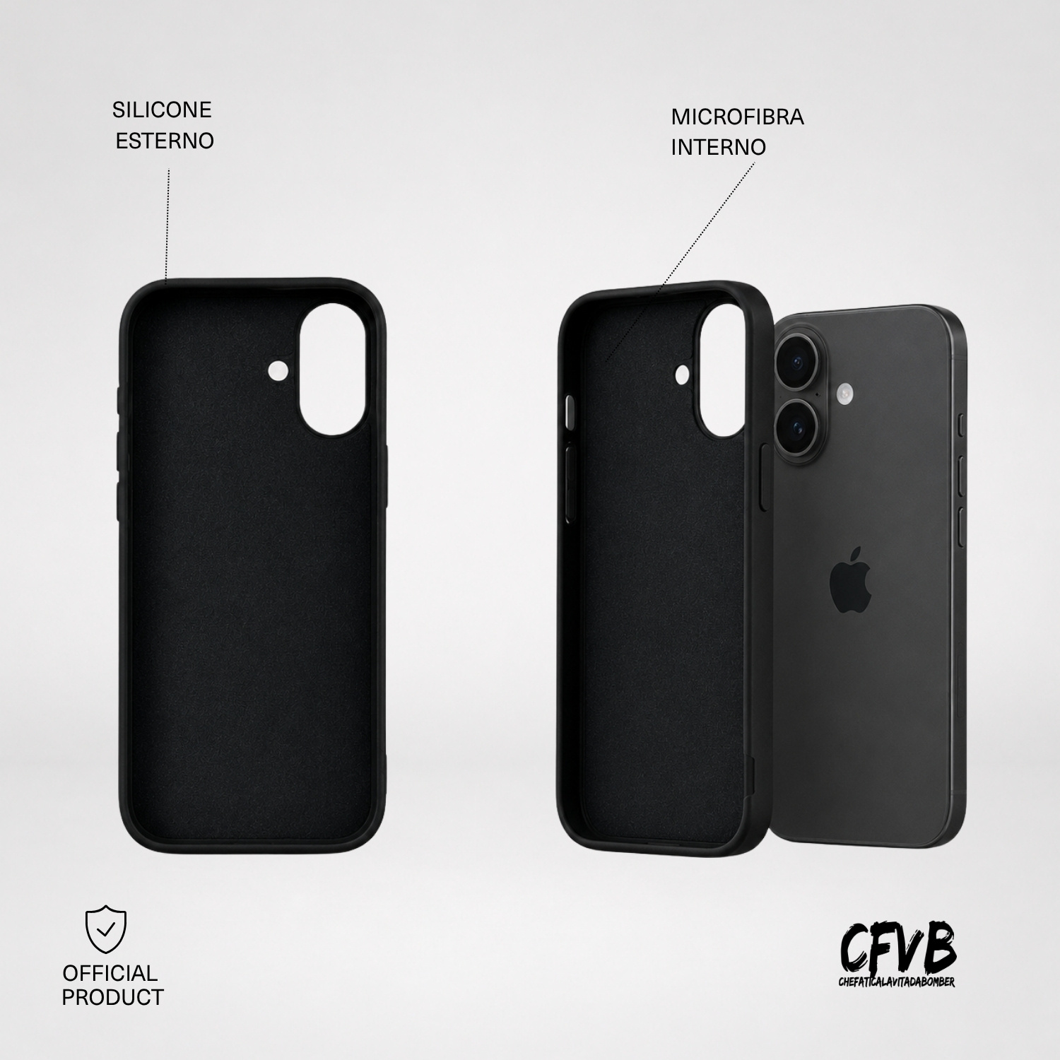 Cover per telefono nera con esterno in silicone e interno in microfibra, con un telefono.
