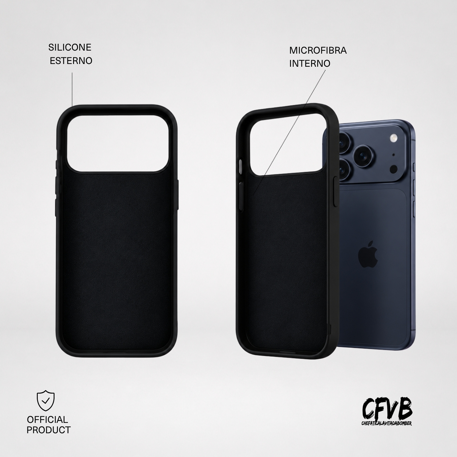 Una cover per telefono nera che mostra l'esterno in silicone e l'interno in microfibra, accanto a uno smartphone.